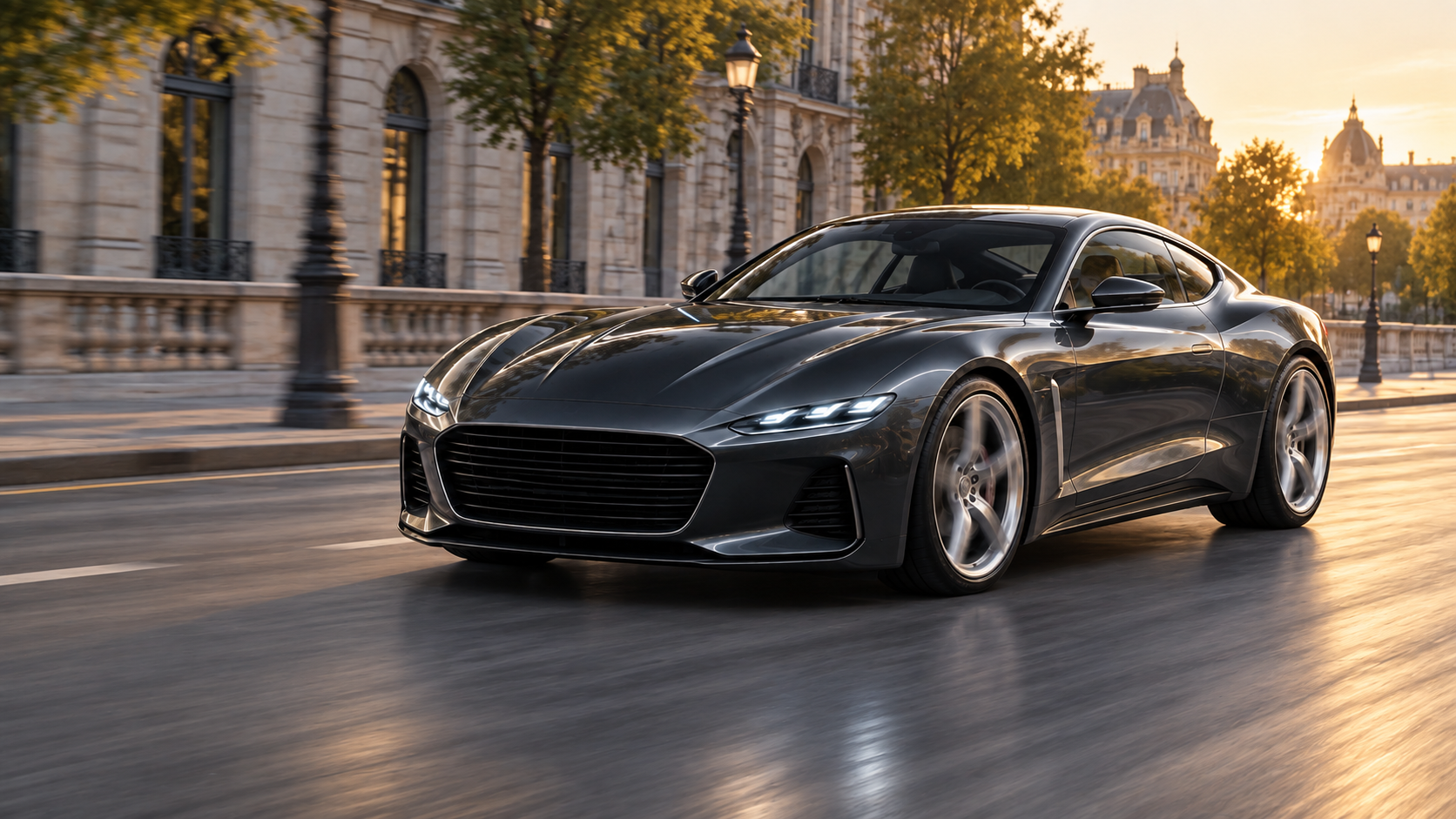 Illustrative GT / 01 on a quiet city boulevard at first light