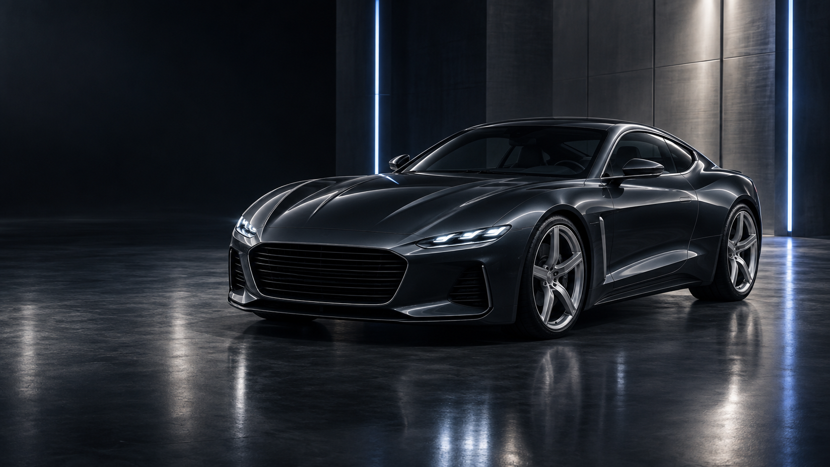 Illustrative graphite GT / 01 coupé in a dark showroom