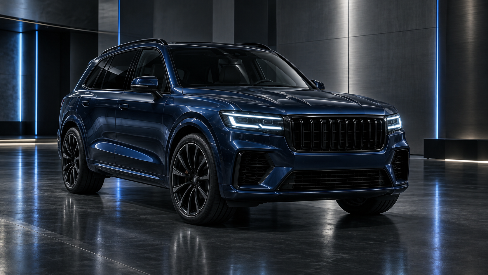 Illustrative dark SUV / 03 in a showroom